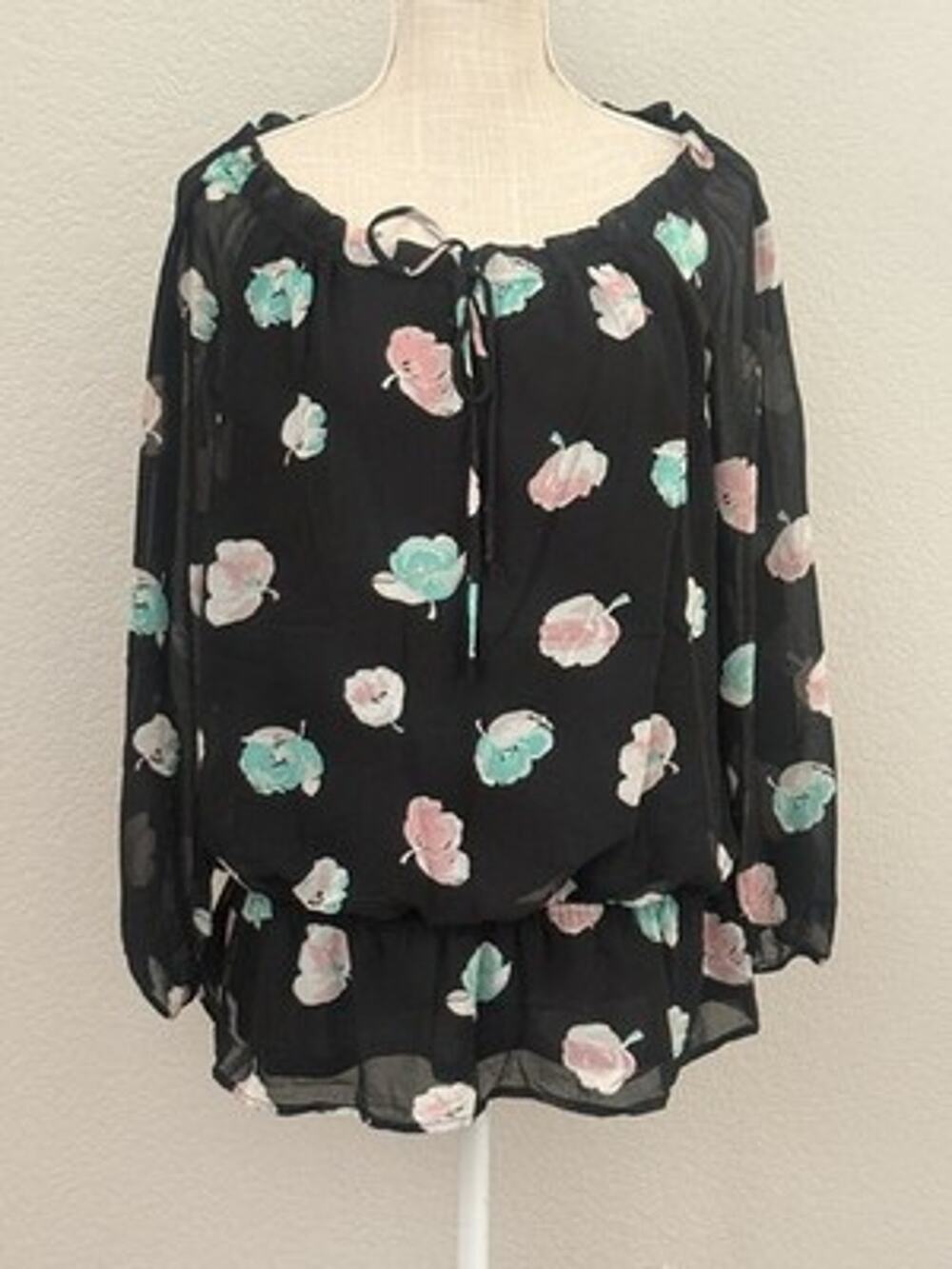 Ann Taylor Womens Black Floral Sheer Lined Peplum Chiffon Blouse Workwear - L